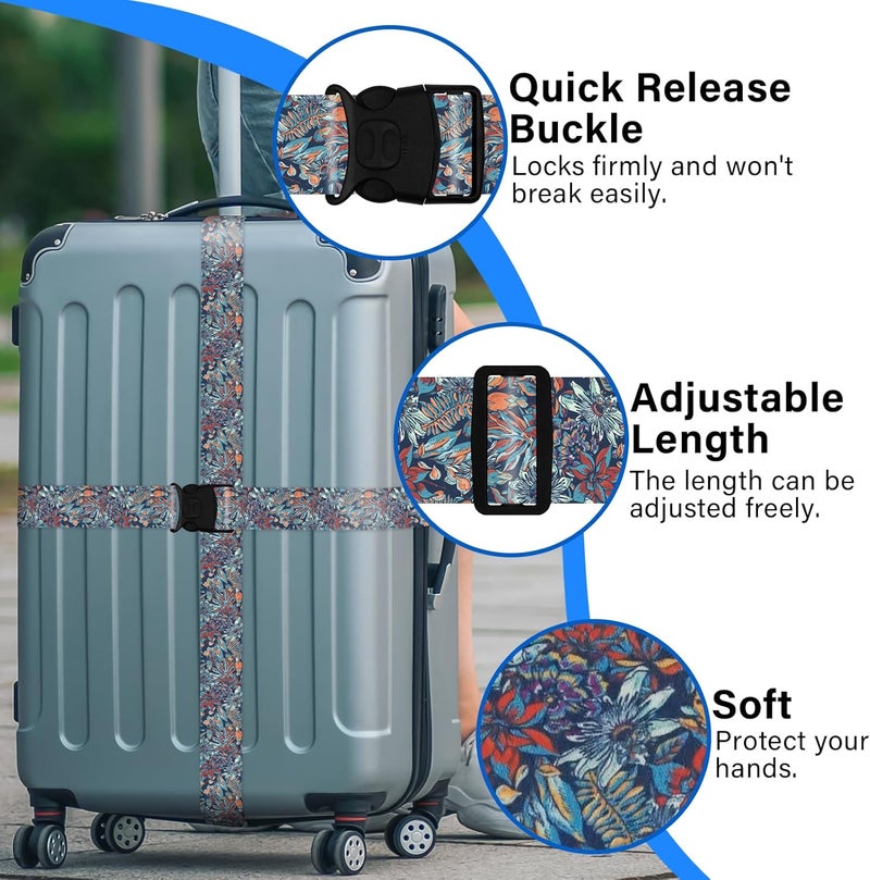 ZHOMA Luggage Straps for Suitcases, Travel Adjustable Belt with Quick Release Buckle, Heavy Duty Nylon Bag Packing Strap, Unique Bright Identifiers Business Travel Accessories (2 Pack) - Blue Flowers - Image 2